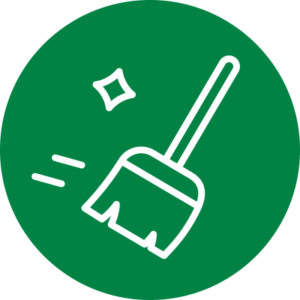 green circle with icon of broom sweeping something clean, indicated by diamond shape